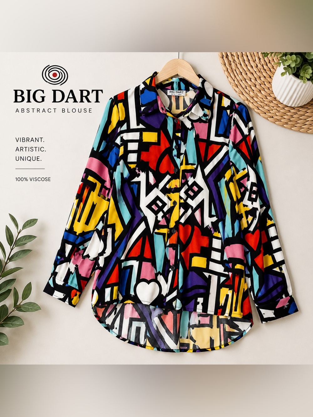 Big Dart Abstract Geometric Button Front Blouse Women’s EU 42 10-12 Colorful Top